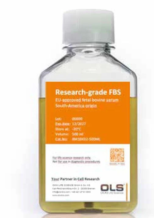 Bottle of OLS research-grade FBS, EU-approved and of South American origin