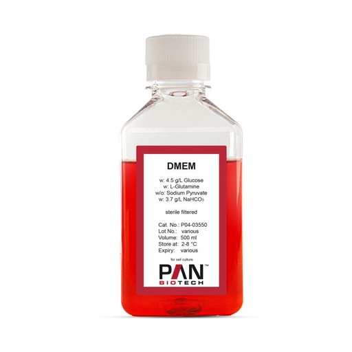 [P04-03550] DMEM, w: 4.5 g/L Glucose, w: L-Glutamine, w/o: Sodium pyruvate, w: 3.7 g/L NaHCO3, 500 ml