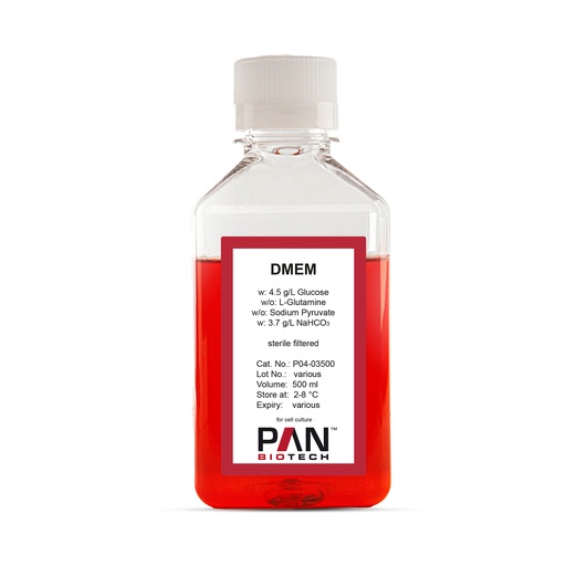 DMEM, w: 4.5 g/L Glucose, w/o: L-Glutamine, w/o: Sodium pyruvate, w: 3.7 g/L NaHCO3