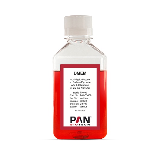 [P04-03609] DMEM, w:4.5 g/L Glucose, w/o: L-Glutamine, w: Sodium pyruvate, w: 2.2 g/L NaHCO3, 500 ml