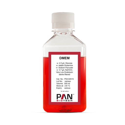 [P04-04515] DMEM, w: 4.5 g/L Glucose, w: stable Glutamine, w: Sodium pyruvate, w: 3.7 g/L NaHCO3, Very Low Endotoxin, 500 ml