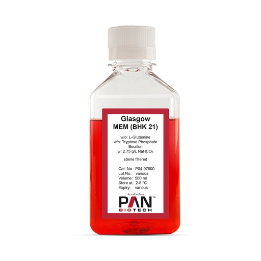 [P04-97500] Glasgow-MEM (BHK 21), w/o: L-Glutamine, w/o: Tryptose phosphate, w: 2.75 g/L NaHCO3, 500 ml